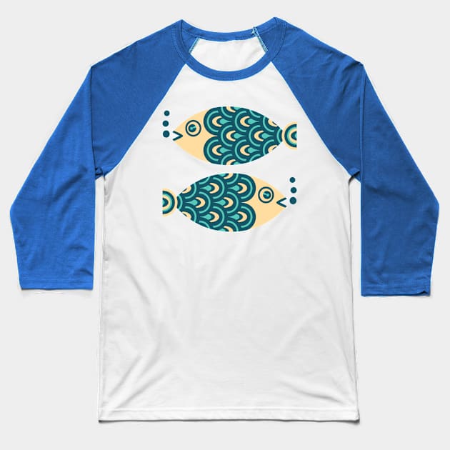 TWO FUN SWIMMING GEOMETRIC FISH Retro in Dark Blue, Turquoise and Cream - UnBlink Studio by Jackie Tahara Baseball T-Shirt by UnBlink Studio by Jackie Tahara